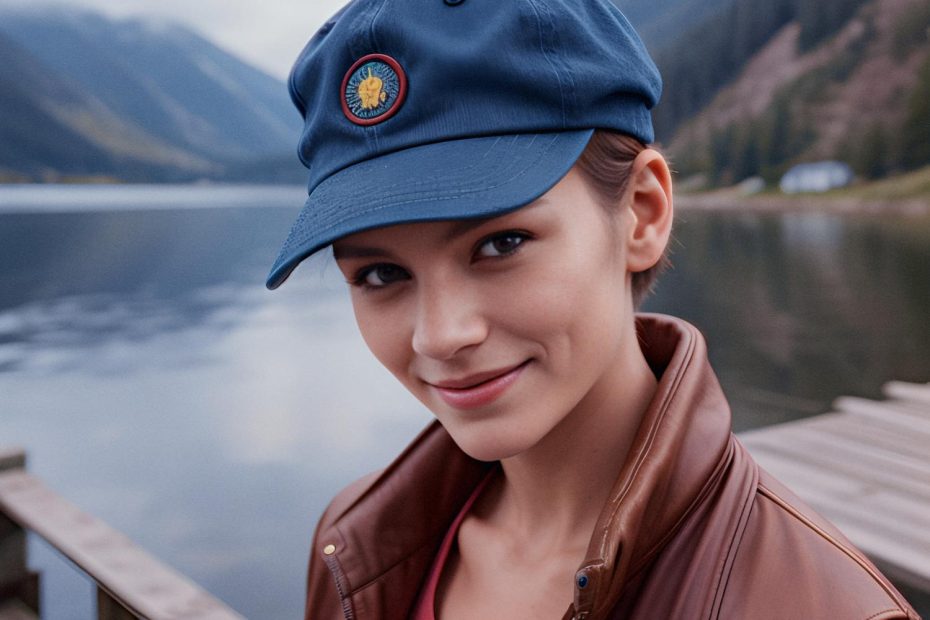 Stylish in a blue cap and brown jacket, this trendsetter smiles on a serene dock, sporting an Osprey Packs waist pack. Breathtaking lakeside vista. #FashionAdventure