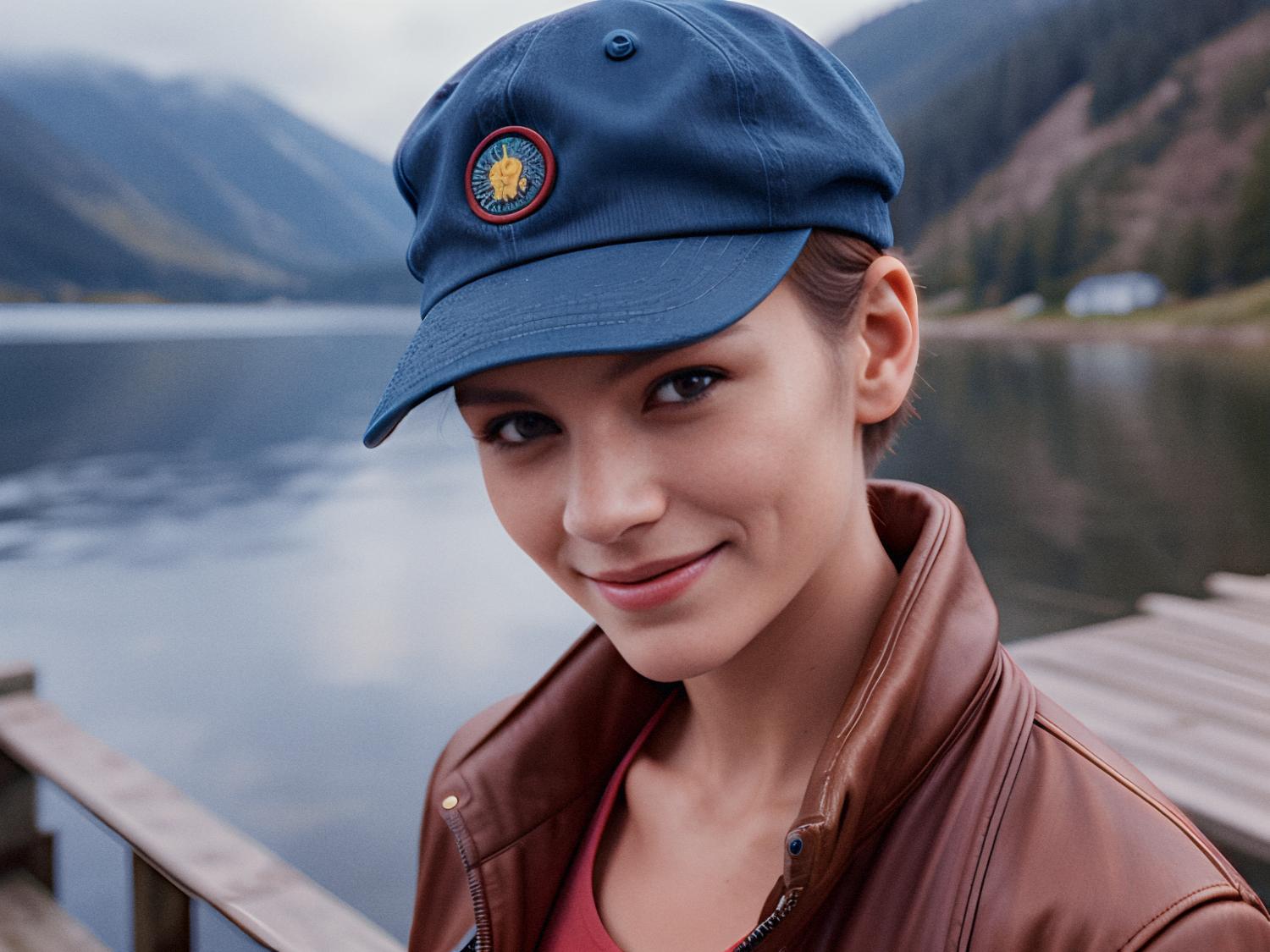 Stylish in a blue cap and brown jacket, this trendsetter smiles on a serene dock, sporting an Osprey Packs waist pack. Breathtaking lakeside vista. #FashionAdventure
