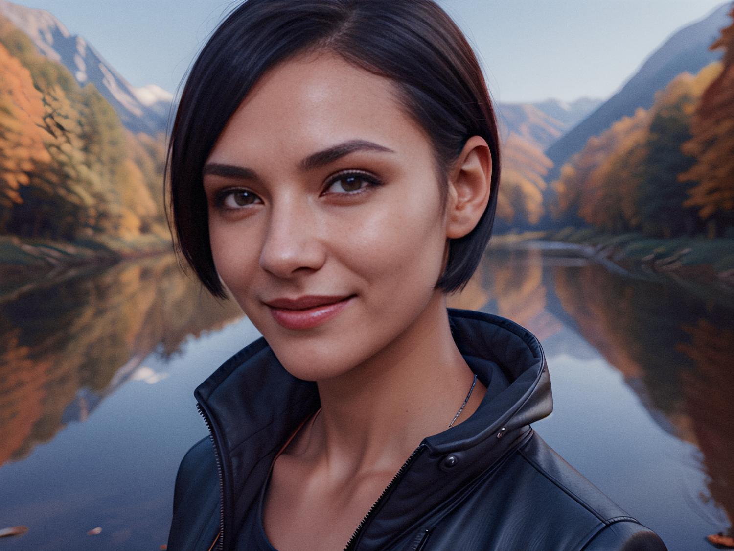 A stylish woman with short dark hair in a leather jacket poses by a serene mountain lake. Her Incase A.R.C. Travel Pack adds to the autumn chic look.
