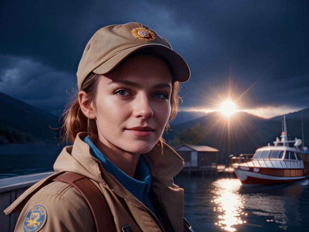 A woman in a khaki cap and jacket stands on a dock at sunset. Her Osprey Packs Transporter Waist Pack adds chic style to the serene lakeside scene.
