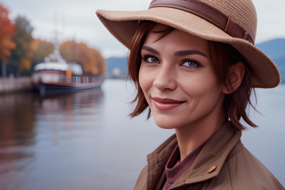 Chic in autumn hues, a woman pairs a stylish brown hat and jacket with an Osprey Pack by a serene lake, framed by fall foliage and a docked boat.