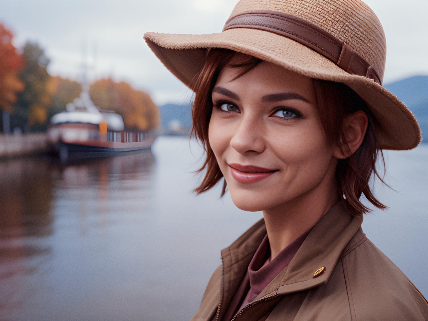 Chic in autumn hues, a woman pairs a stylish brown hat and jacket with an Osprey Pack by a serene lake, framed by fall foliage and a docked boat.