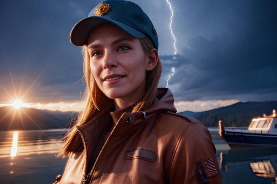 A person stands by a serene lake at sunrise in a stylish leather jacket and cap, clutching their leather bag. A dramatic lightning streak lights up the sky behind them, adding an electrifying contrast to this chic, contemplative moment on the go.