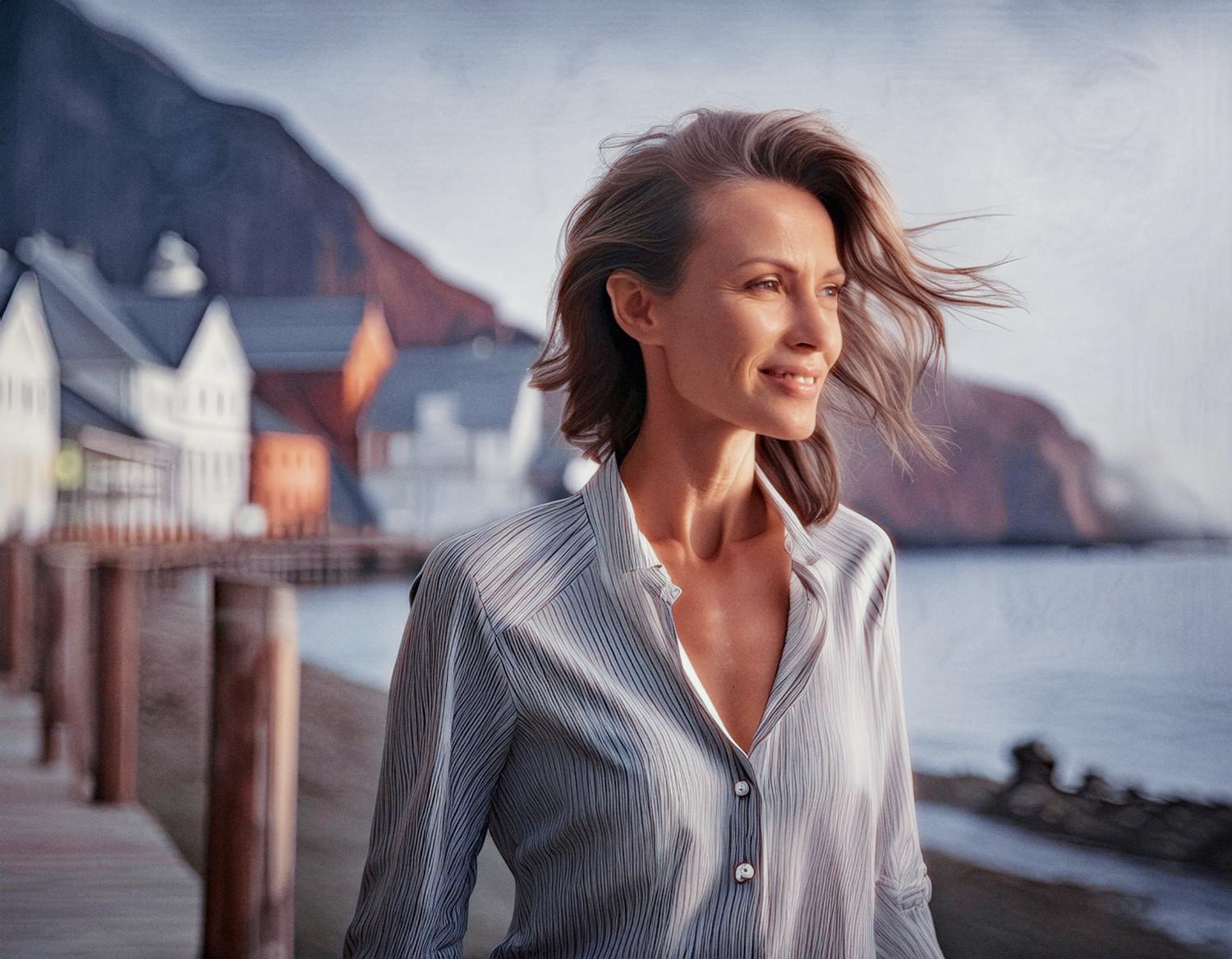 A woman with shoulder-length hair in a light button-up shirt and a Heritage Watch, gazes peacefully by the coast. Rustic buildings and misty mountains frame the tranquil scene.