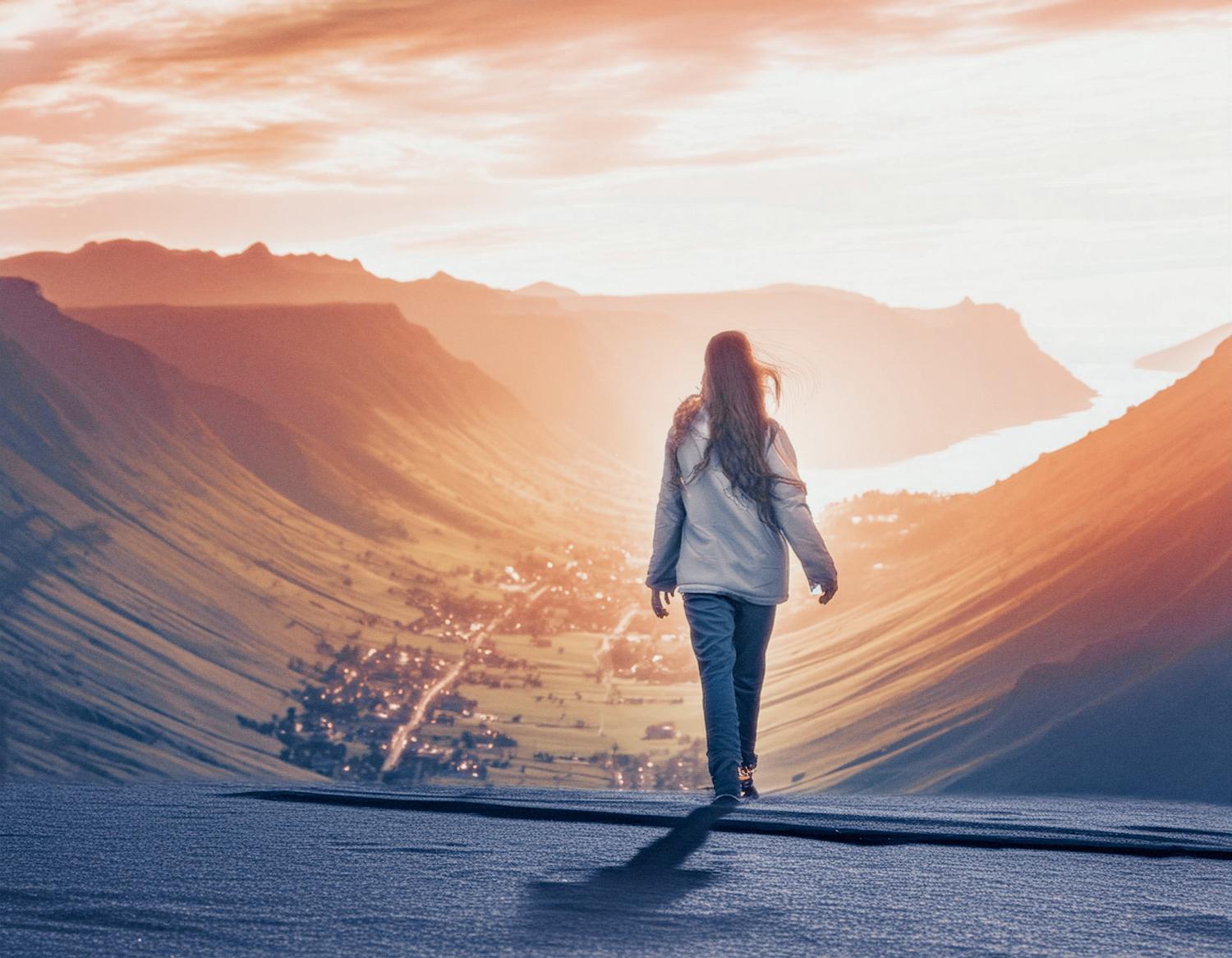 A stylish traveler with flowing hair in a chic jacket and jeans stands on a ridge, Essens Suitcase by their side, marveling at a sun-kissed valley village amid majestic peaks.