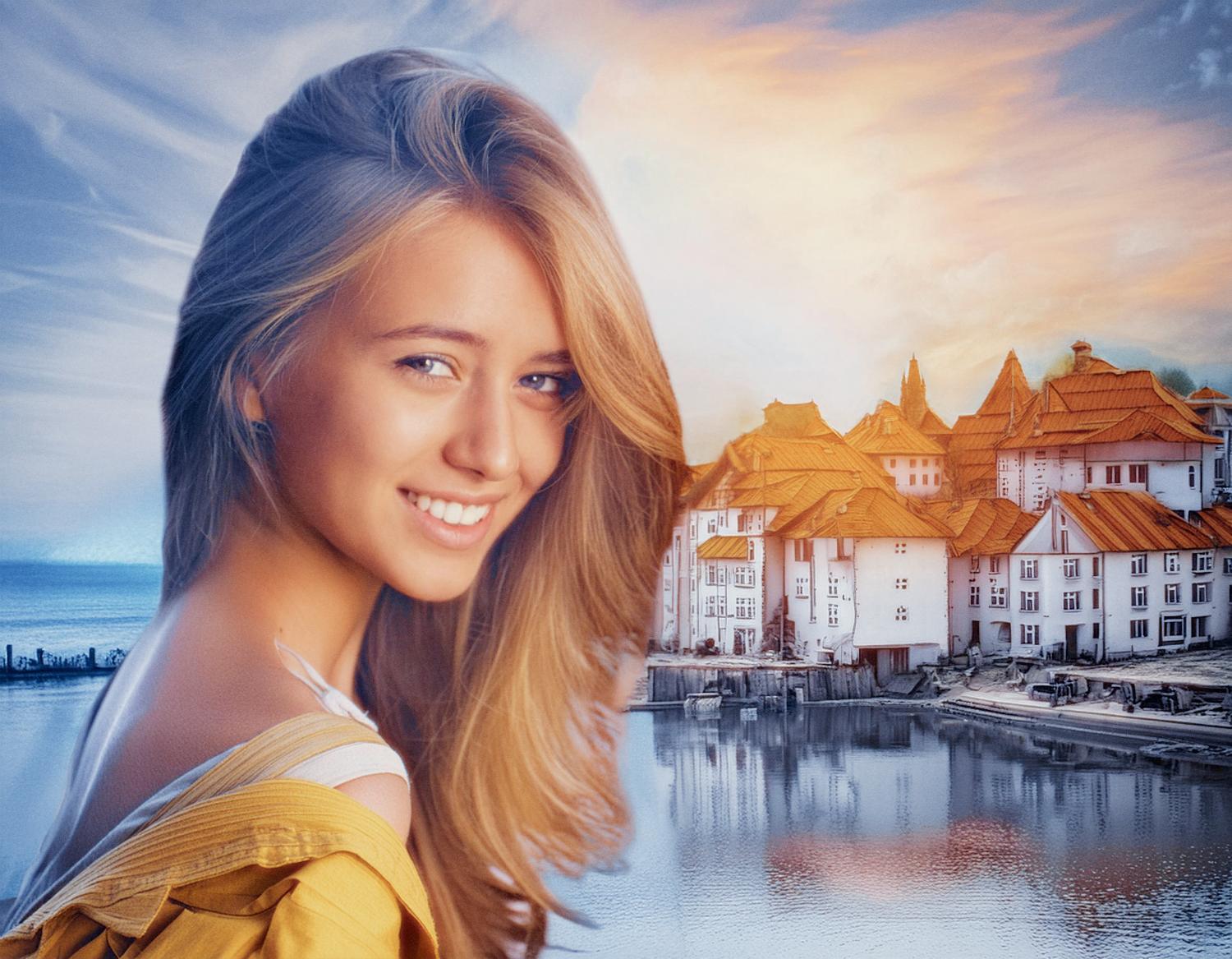 A young woman with flowing blonde hair beams in a vibrant yellow top, set against a charming coastal village with orange-roofed houses and a serene blue-orange sky, embodying effortless style and wanderlust.