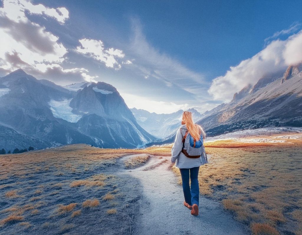 A stylish traveler with flowing hair and a light jacket carries a chic Timbuk2 Spark Mini Backpack along a sunlit dirt path, framed by majestic mountains and a partly cloudy sky. Perfect ensemble for an adventure trendsetter!