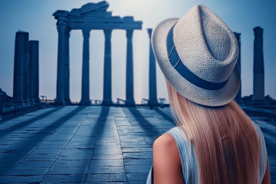 A stylish traveler with long blonde hair, clad in a light blue sleeveless top and trendy gray hat, gazes at ancient ruins. An Osprey Pack adds a fashion-forward touch under the clear blue sky.
