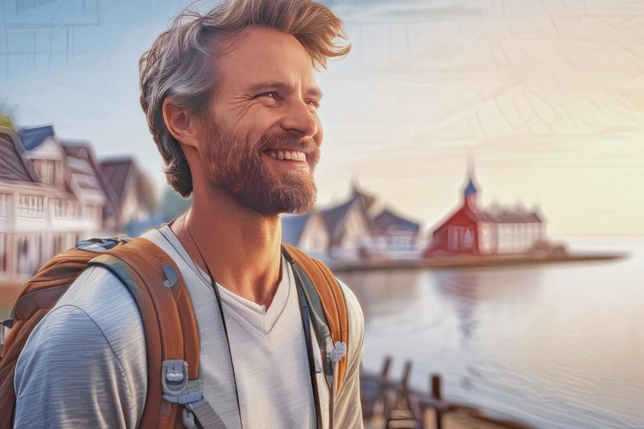 A man with wavy hair and a beard, styled in casual chic wear, smiles while strolling through a picturesque coastal town with traditional homes by tranquil waters.