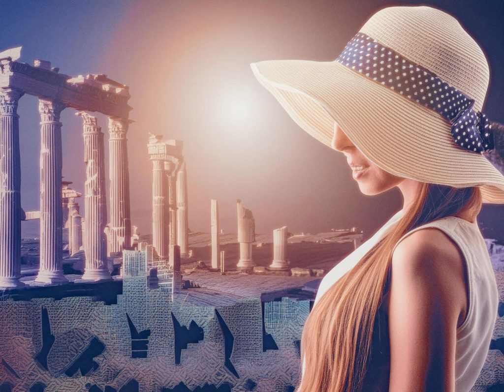 A woman in a wide-brimmed hat with a polka dot ribbon and an overnight backpack stands in profile against ancient ruins at sunset, blending modern travel with timeless style.