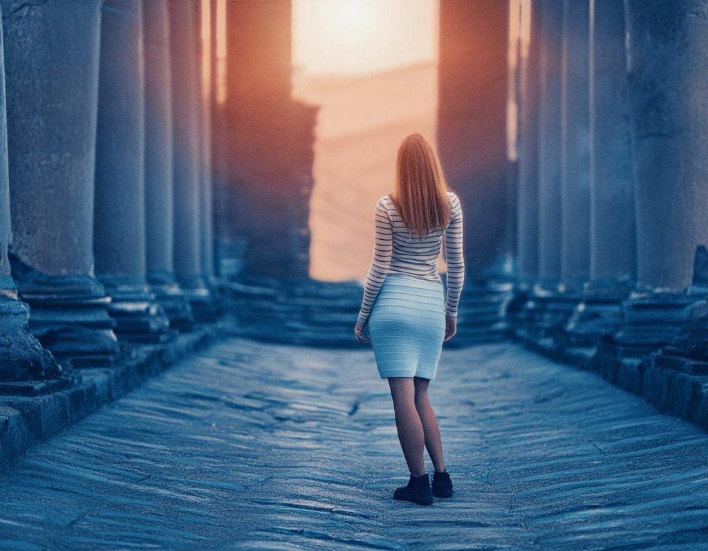 A woman in a striped long-sleeve top and white skirt strolls through an ancient stone path with weathered pillars, her chic backpack adding modern flair.