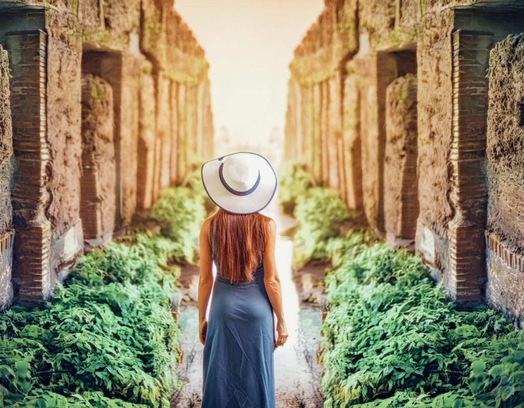 A woman in a long, sleeveless dress and wide-brimmed hat strolls down an ancient stone path, her timeless style complementing the lush greenery. Sunlit elegance.