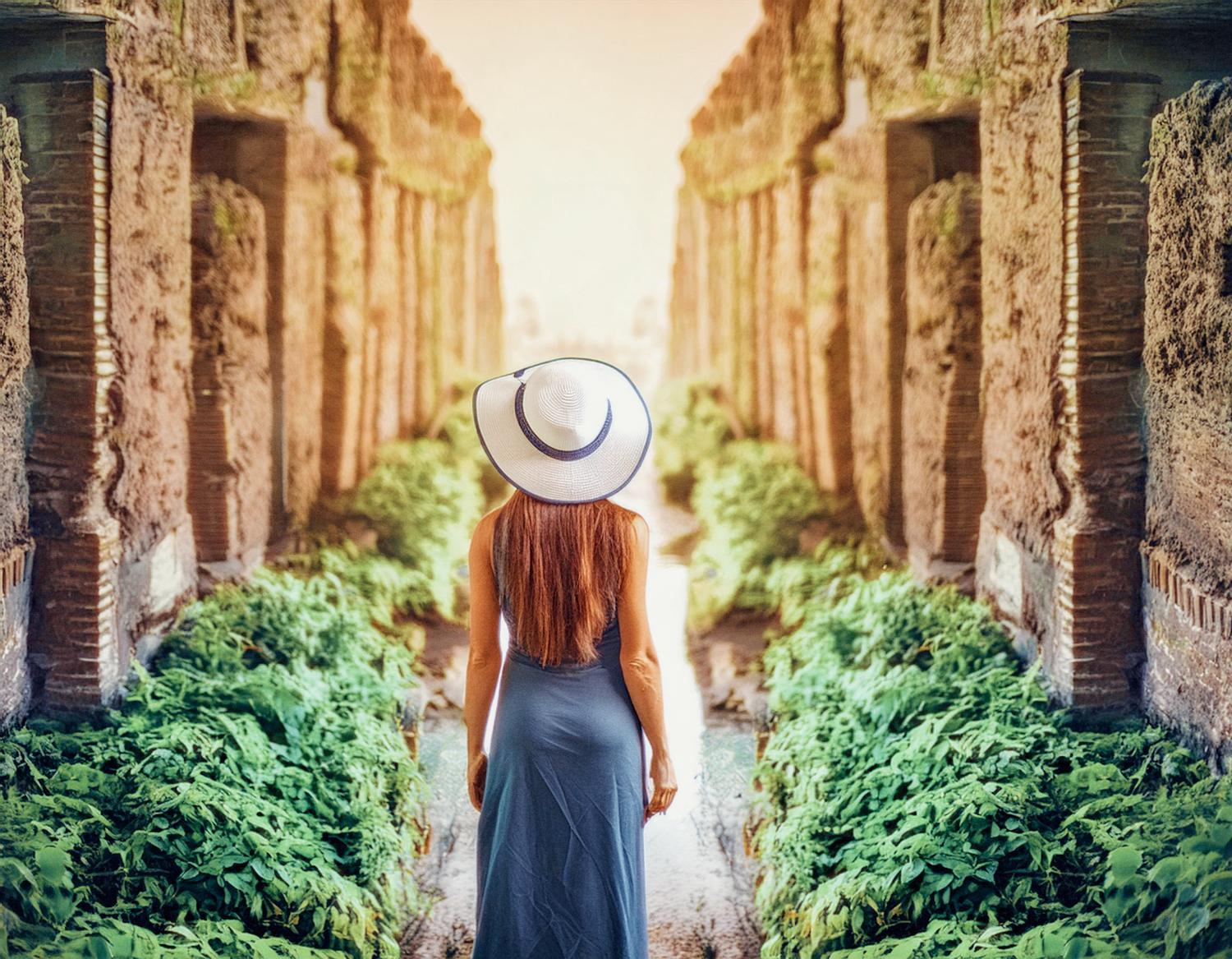 A woman in a long, sleeveless dress and wide-brimmed hat strolls down an ancient stone path, her timeless style complementing the lush greenery. Sunlit elegance.