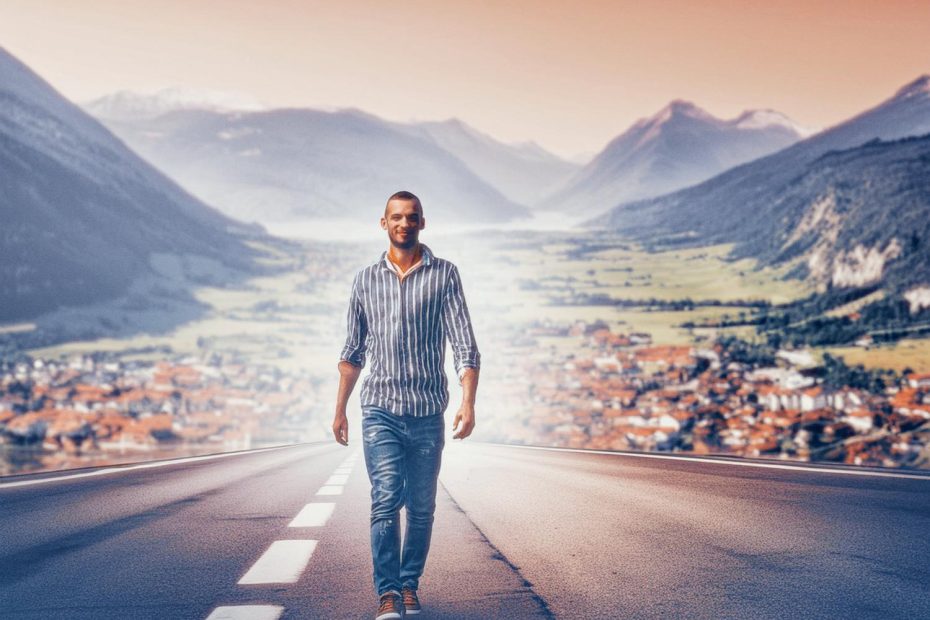 A man in a striped shirt and jeans strides confidently down the road, with a stylish JanSport Pro Crossbody Bag. A picturesque valley town and mountains under a warm skyline create a surreal backdrop, making him appear larger than life.