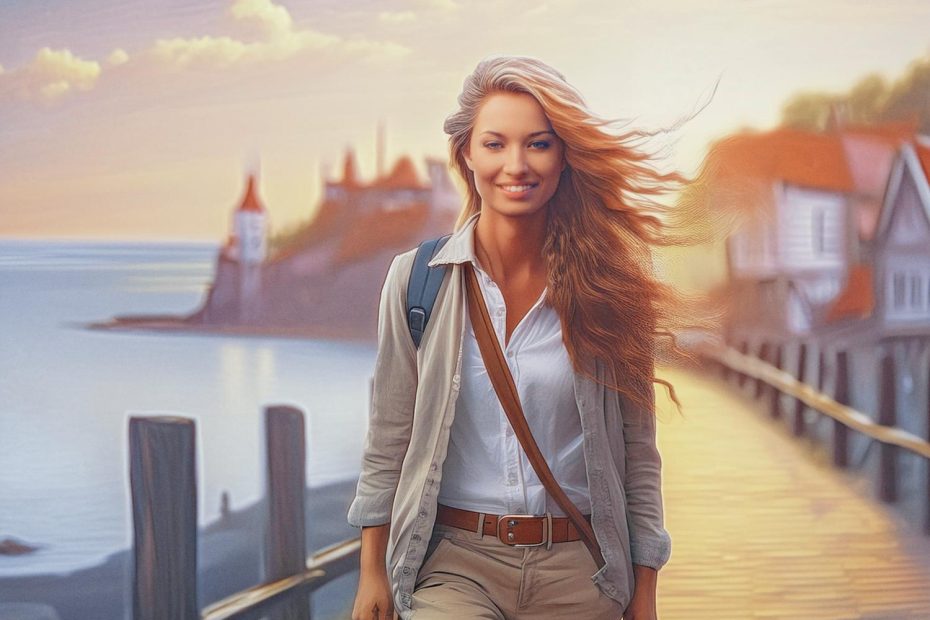 A stylish woman strolls down a serene wooden pier, coastal cottages and a lighthouse in the backdrop, flaunting a chic Samsonite crossbody bag.