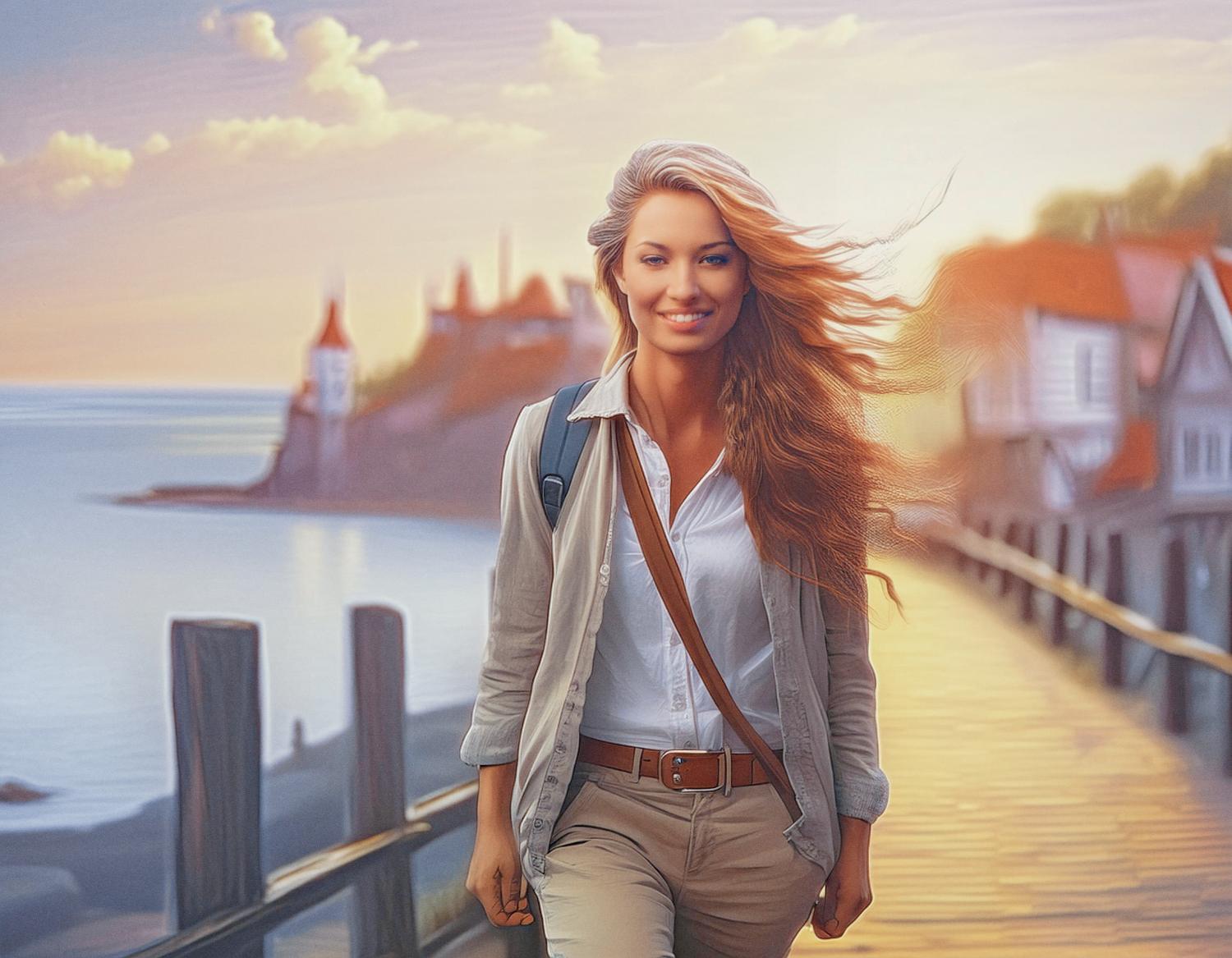 A stylish woman strolls down a serene wooden pier, coastal cottages and a lighthouse in the backdrop, flaunting a chic Samsonite crossbody bag.
