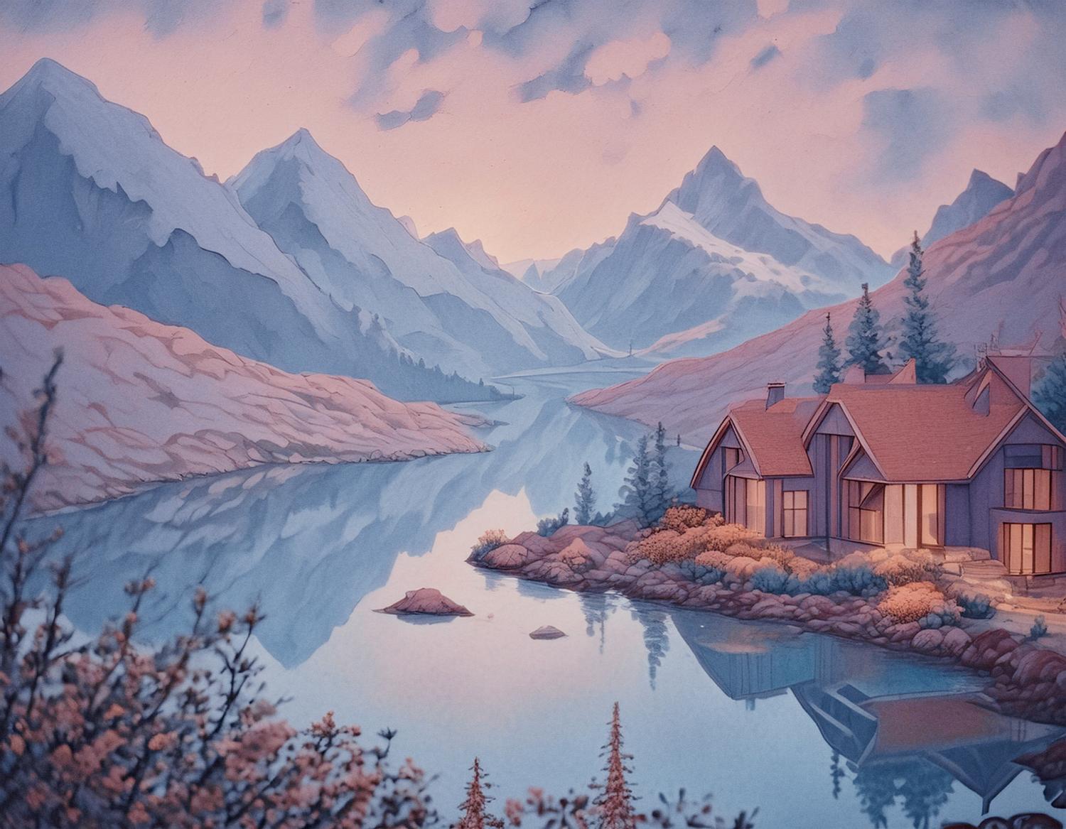 A cozy, warmly lit cabin by a serene lake and snow-capped mountains, framed by trees. A perfect backdrop for showcasing your stylish Herschel Supply bags.