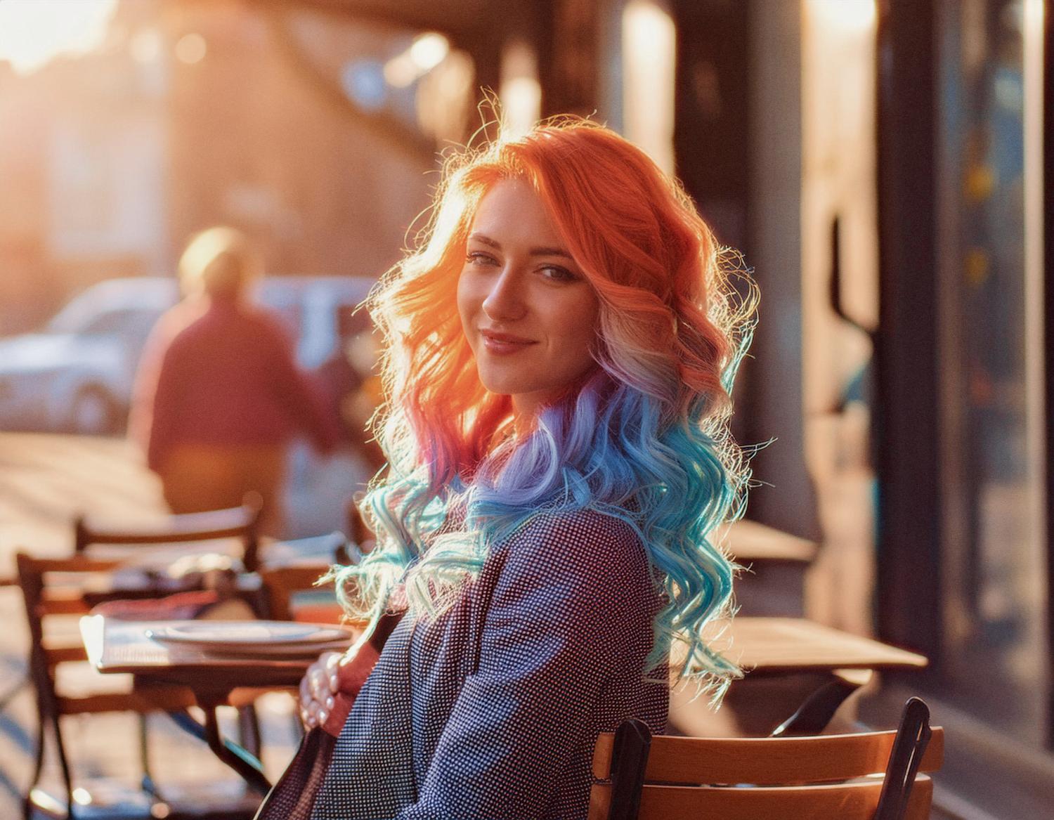 A woman with striking red-to-blue ombre hair beams at an outdoor café. Her chic Tumi Bravo Backpack adds allure to this sunlit, stylish moment.