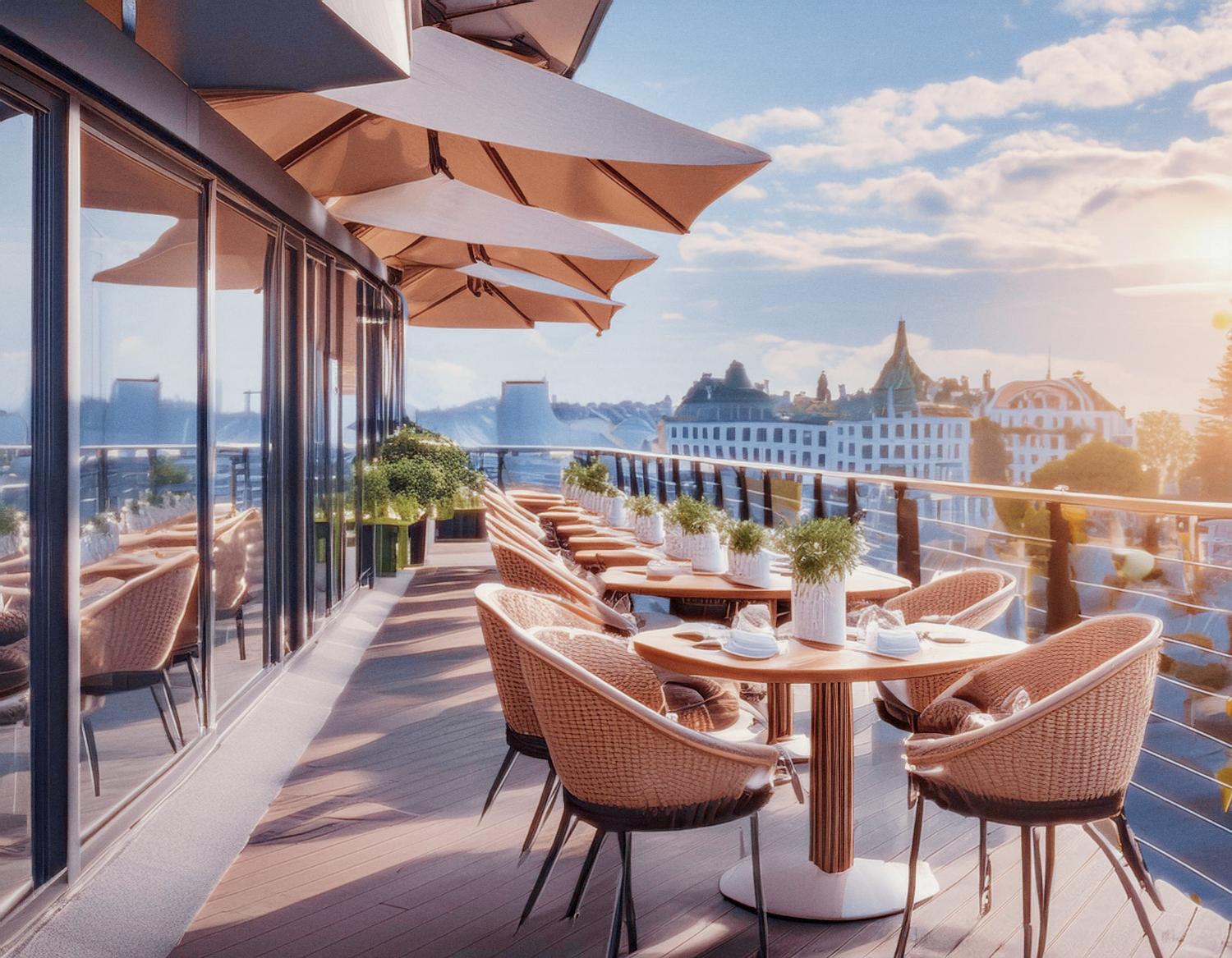 Rooftop terrace styled with chic white chairs and round wooden tables, shaded by large umbrellas. Backpacks rest nearby as patrons enjoy a scenic cityscape of historic buildings under a sunlit blue sky. Perfect blend of travel and leisure fashion.