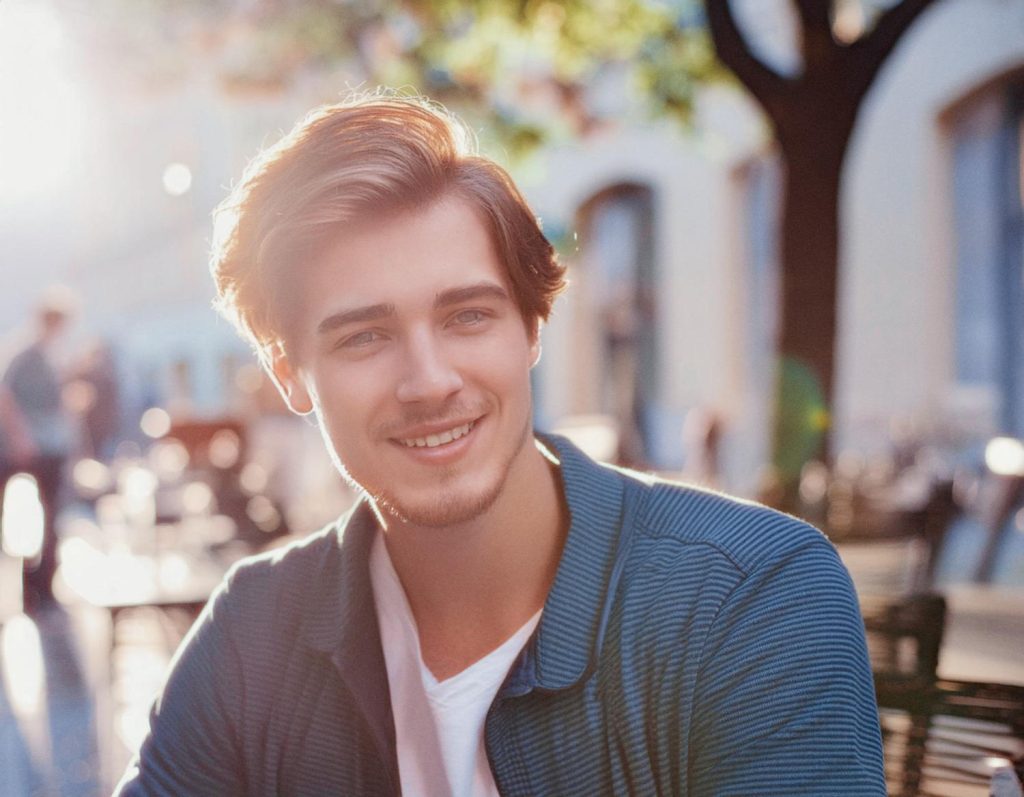 A stylish young man with light brown hair and a short beard smiles outdoors, donning a dark blue jacket over a white shirt. Beside him sits a sleek Peak Design Travel Backpack, ideal for urban explorers. The sunlit background of trees and blurred buildings enhances the adventurous vibe.