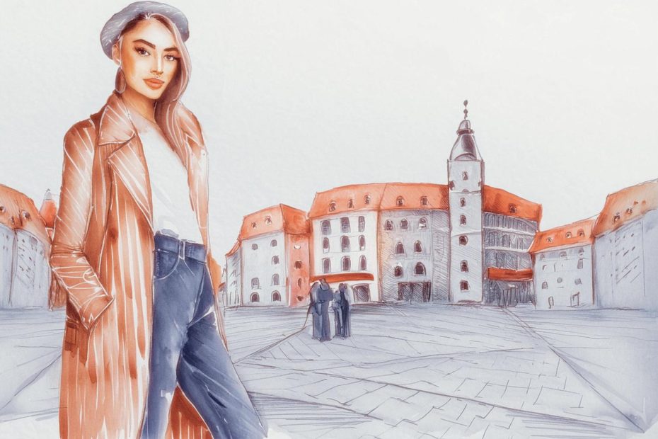 Illustration of a chic woman in a beret, long coat, white top, and jeans. Embracing sustainable fashion in front of a historic European square.