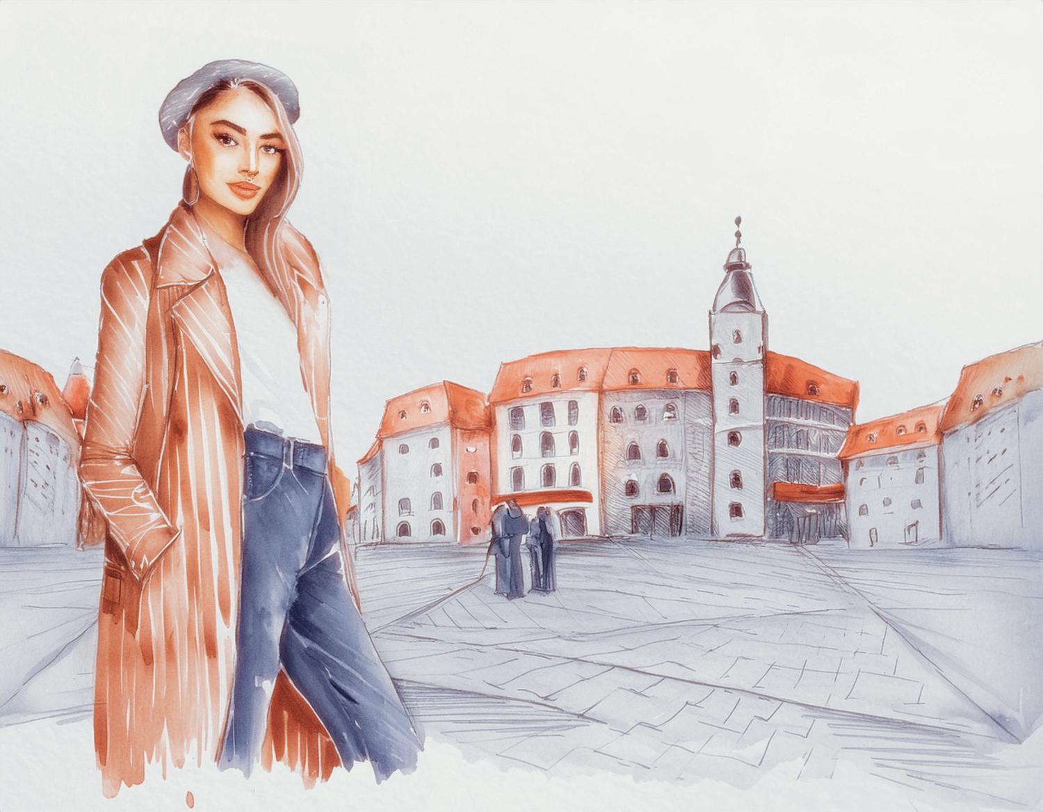 Illustration of a chic woman in a beret, long coat, white top, and jeans. Embracing sustainable fashion in front of a historic European square.