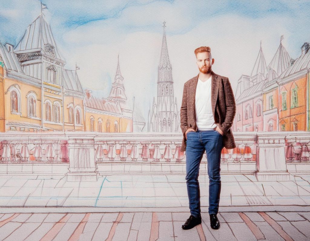 A bearded man in a gray blazer, white shirt, and blue jeans stands confidently with a watercolor cityscape backdrop, embodying sustainable slow fashion.