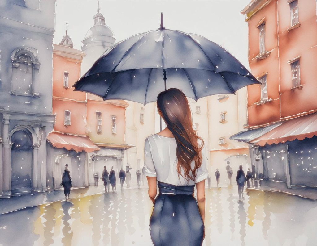 A woman with long brown hair, donning a white blouse and blue skirt, holds a black umbrella in a rain-soaked pastel town. Embracing slow fashion's elegance.