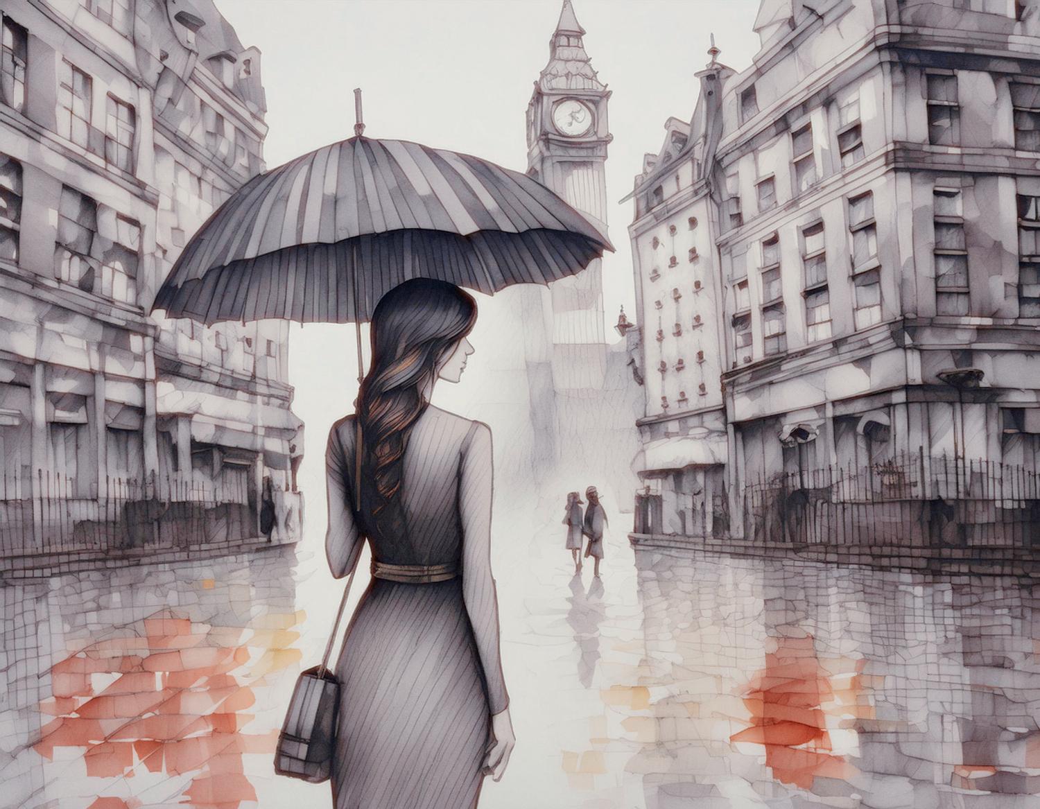 Illustration of a woman with flowing hair, stylishly clutching an umbrella, strolling through rain-kissed streets near Big Ben. An ode to Slow Fashion amidst European charm.