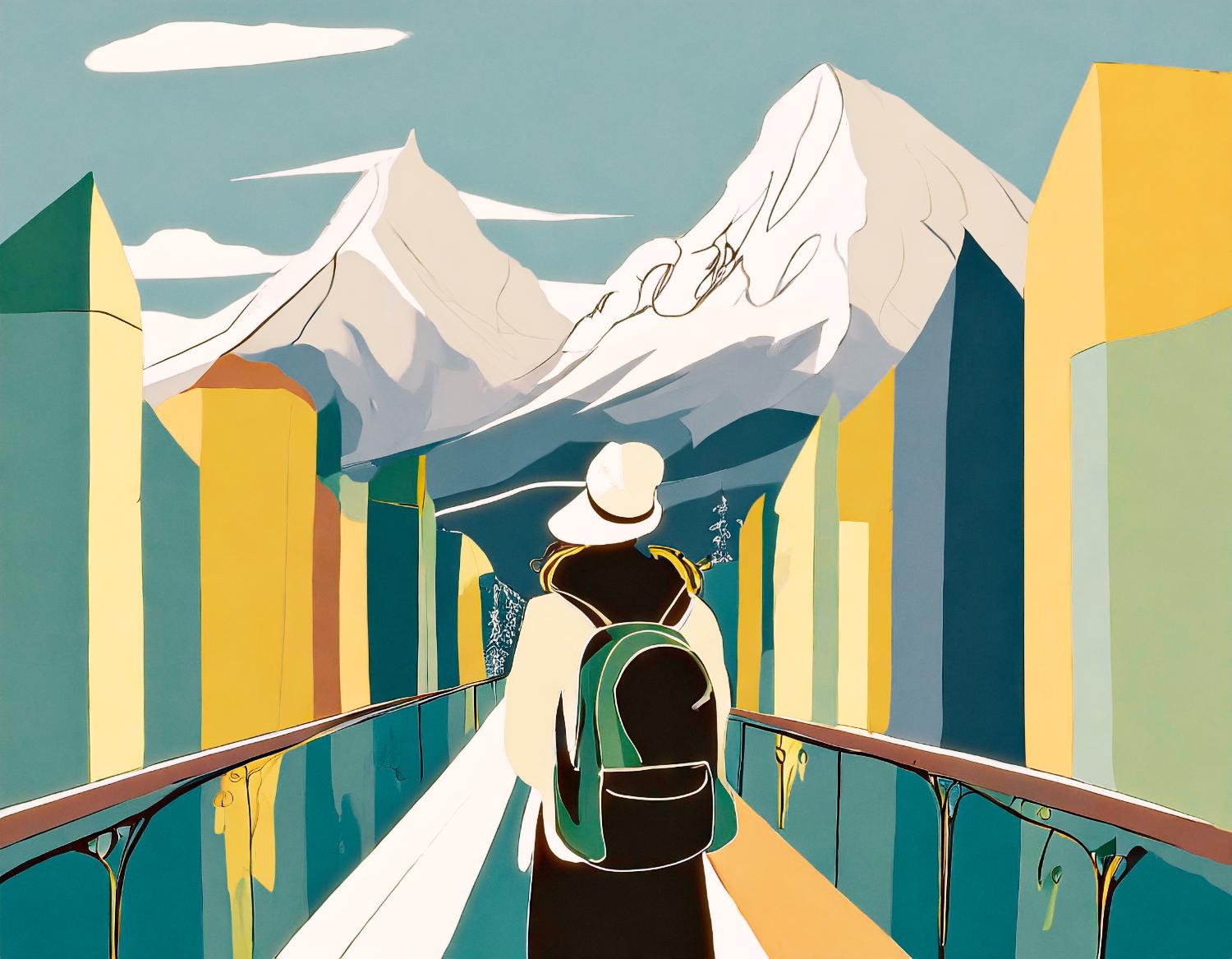A stylized figure wearing an Incase Daypack and hat stands on a bridge, facing abstract buildings and mountains. A surreal blend of blues, yellows, and greens sets the scene—perfect for on-the-go adventures in minimalist fashion.