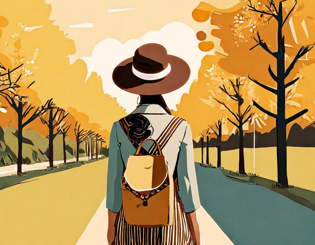 Strolling down a golden autumn path, a chic traveler dons striped overalls, a brown hat, and a stylish Herschel backpack—elevated fall fashion.