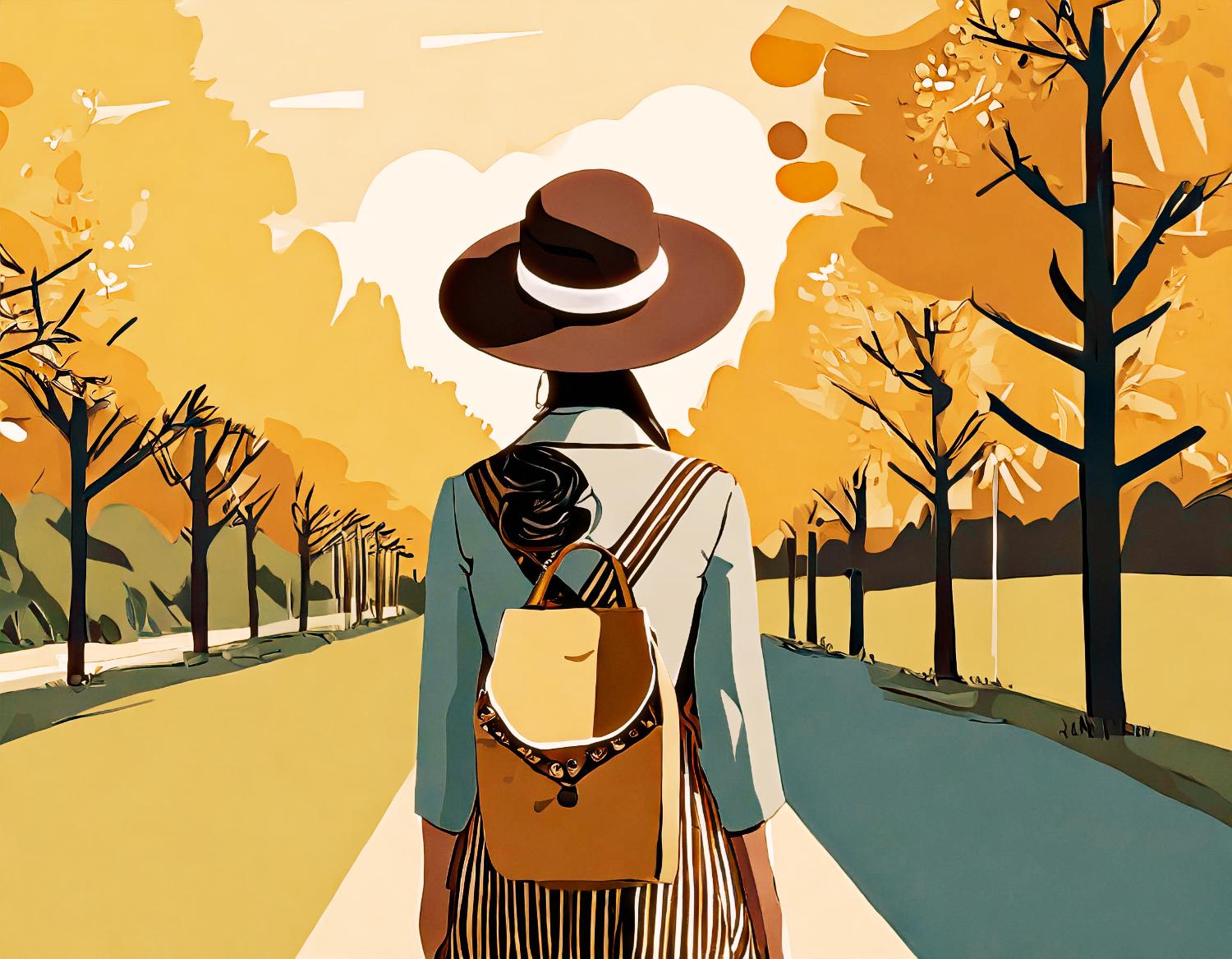 Strolling down a golden autumn path, a chic traveler dons striped overalls, a brown hat, and a stylish Herschel backpack—elevated fall fashion.