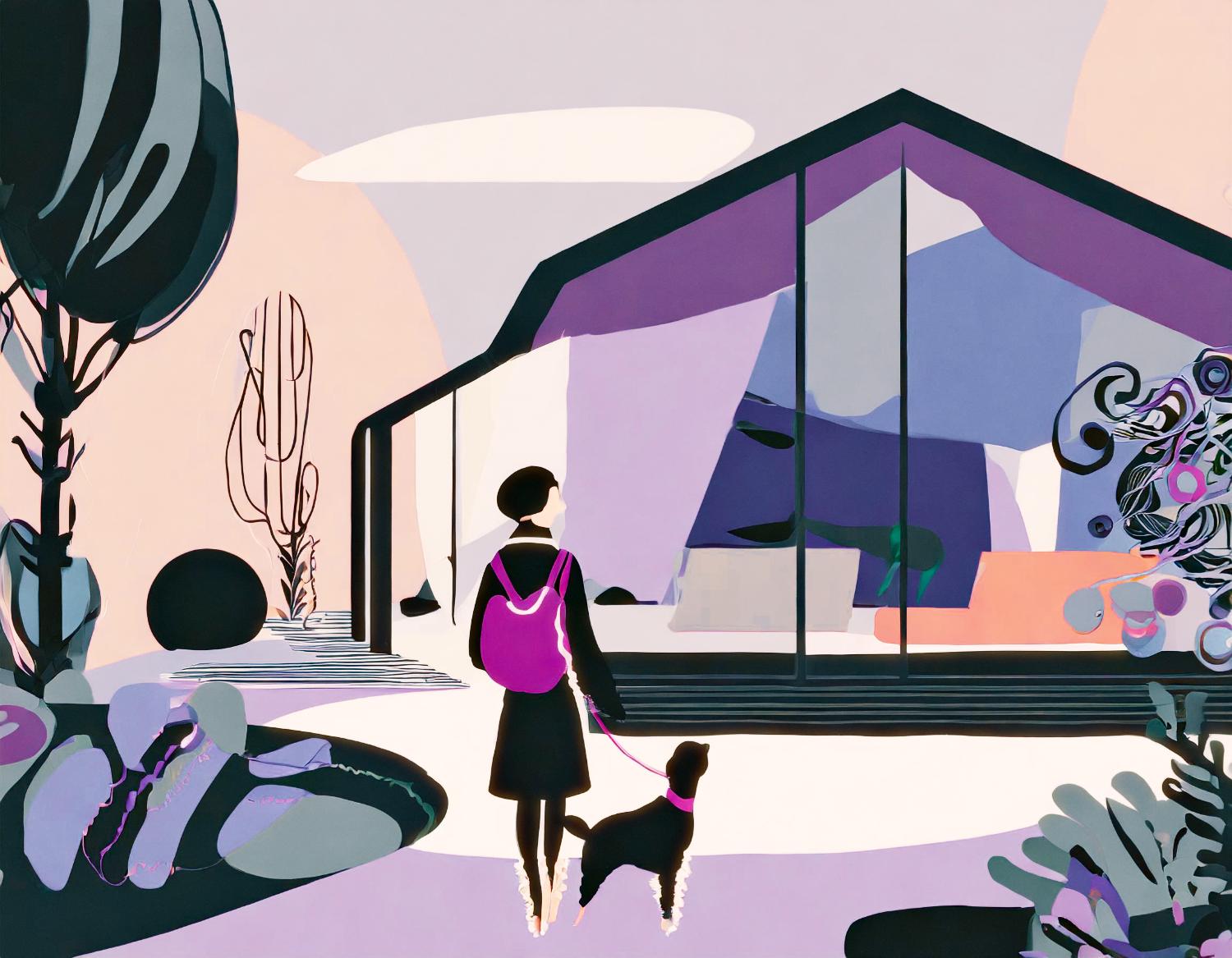 Stylized illustration of a chic individual with a sleek bob haircut, sporting a trendy pink Herschel backpack. Walking their dog toward a modern house with glass windows, surrounded by colorful plants and trees, all under a serene pastel sky—a perfect snapshot of on-the-go lifestyle and contemporary fashion.