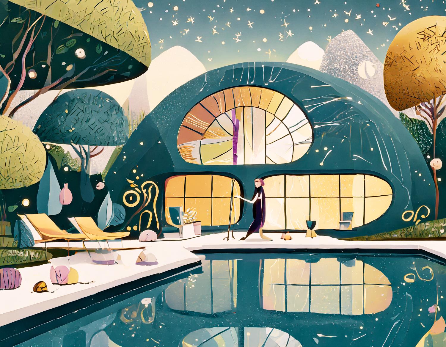 A whimsical illustration of a futuristic dome house with large windows and abstract trees. A curvy pathway leads to a serene, starlit pool where a woman stands by with her chic Herschel Supply backpack, blending style and tranquility.