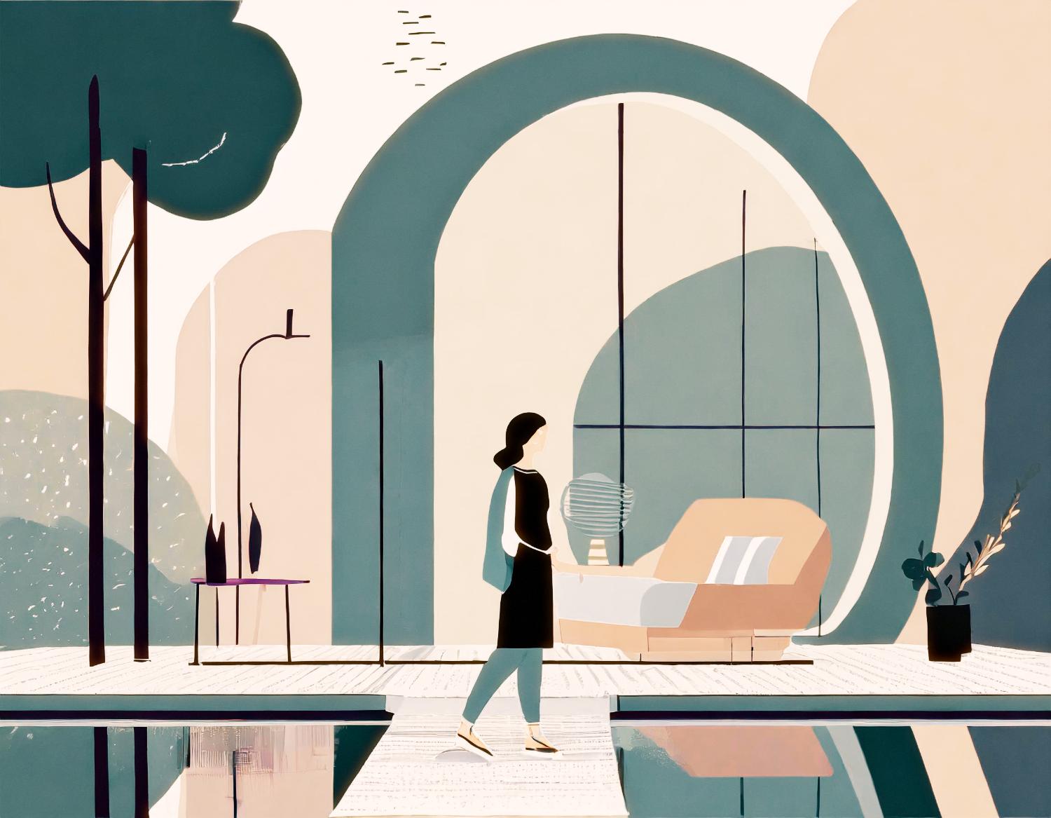 Minimalist illustration of a stylish woman with a Herschel backpack walking by a reflective pool, framed by modern arches and serene hues. #ContemporaryFashion