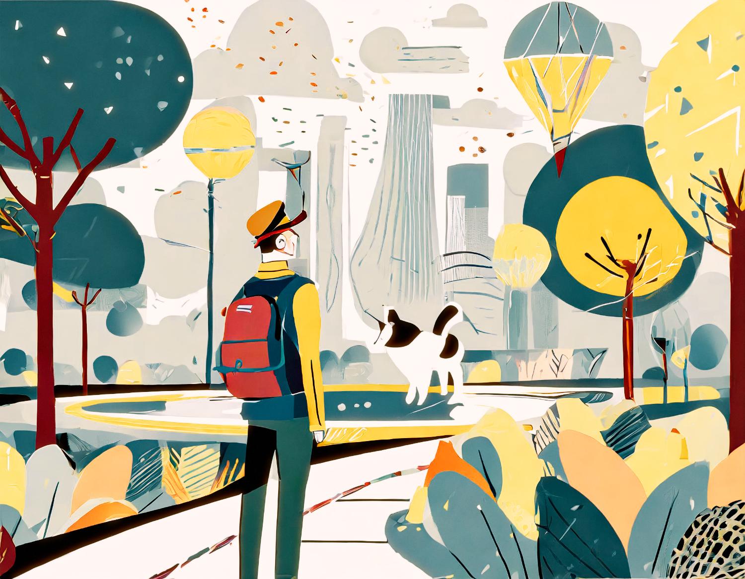 A stylish individual rocks a yellow sweater, brown hat, and Herschel Supply red backpack in a vibrant park. A dog plays nearby. Trees display autumn colors as hot air balloons float and a futuristic cityscape looms.