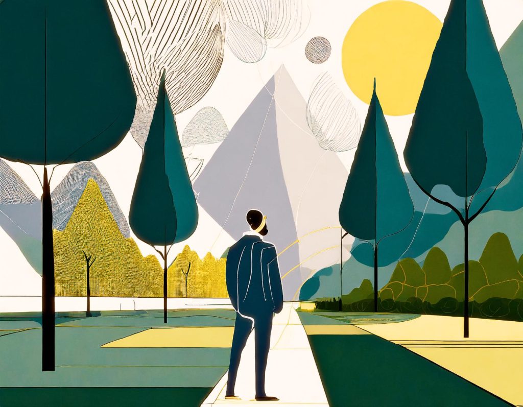 Chic in a blue suit, a stylish individual sports a Herschel Supply backpack on a geometric pathway. Bold colors and triangular trees complete this modern, artistic scene with abstract mountains and swirling clouds.