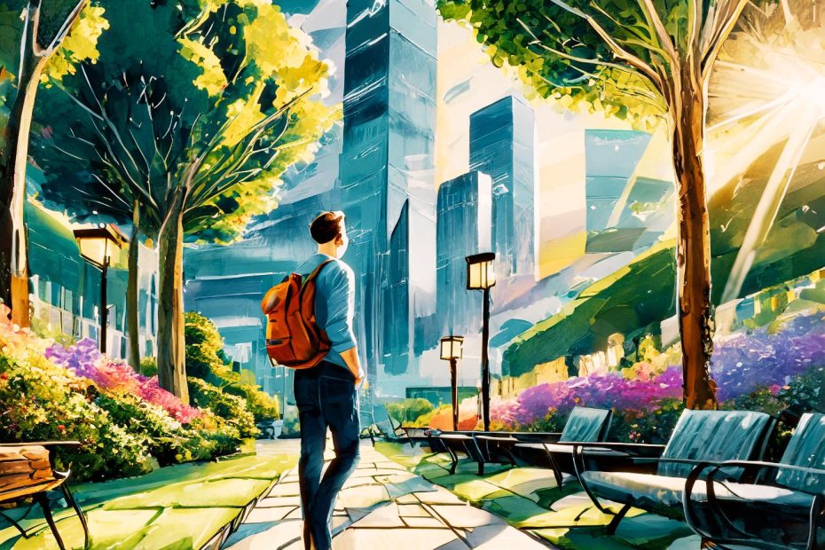 A chic urbanite flaunts a red backpack, adding a pop of color as they explore a vibrant park. Modern skyscrapers soar in the sunlit sky, blending nature with sleek city fashion.