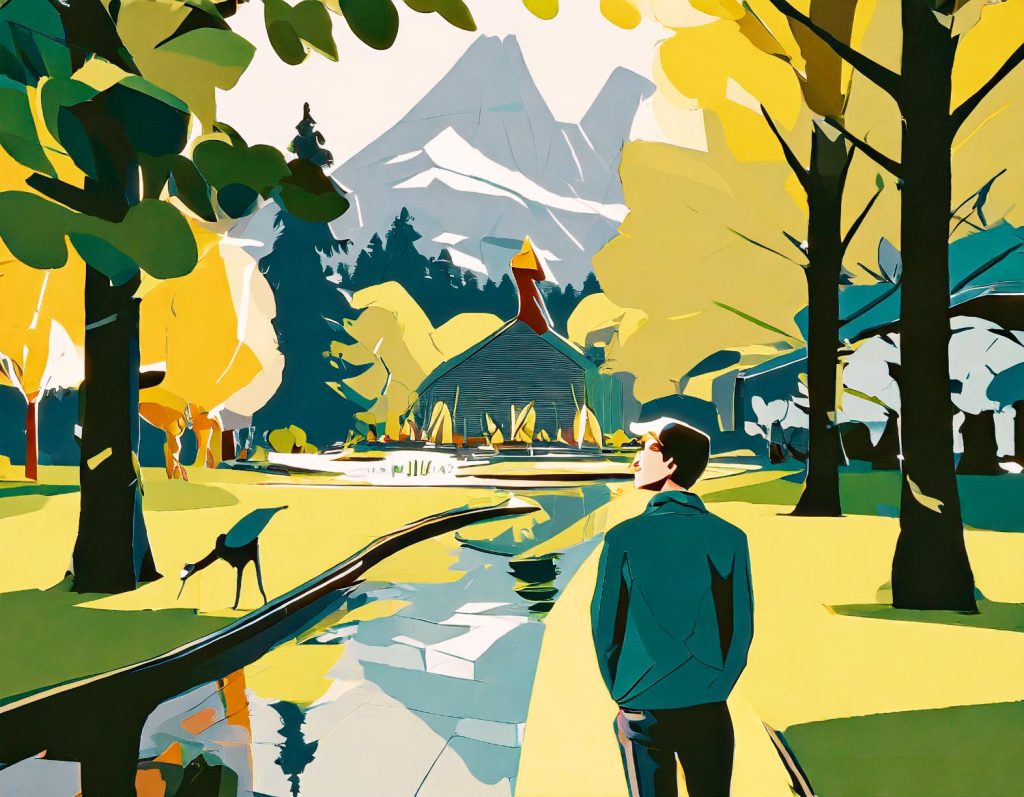 Stylized illustration: A man in a blue jacket strolls by a stream amidst autumn trees. A red-roofed cabin, mountains, and a deer complete this serene scene—evoking Lucas Beaufort’s whimsical style.
