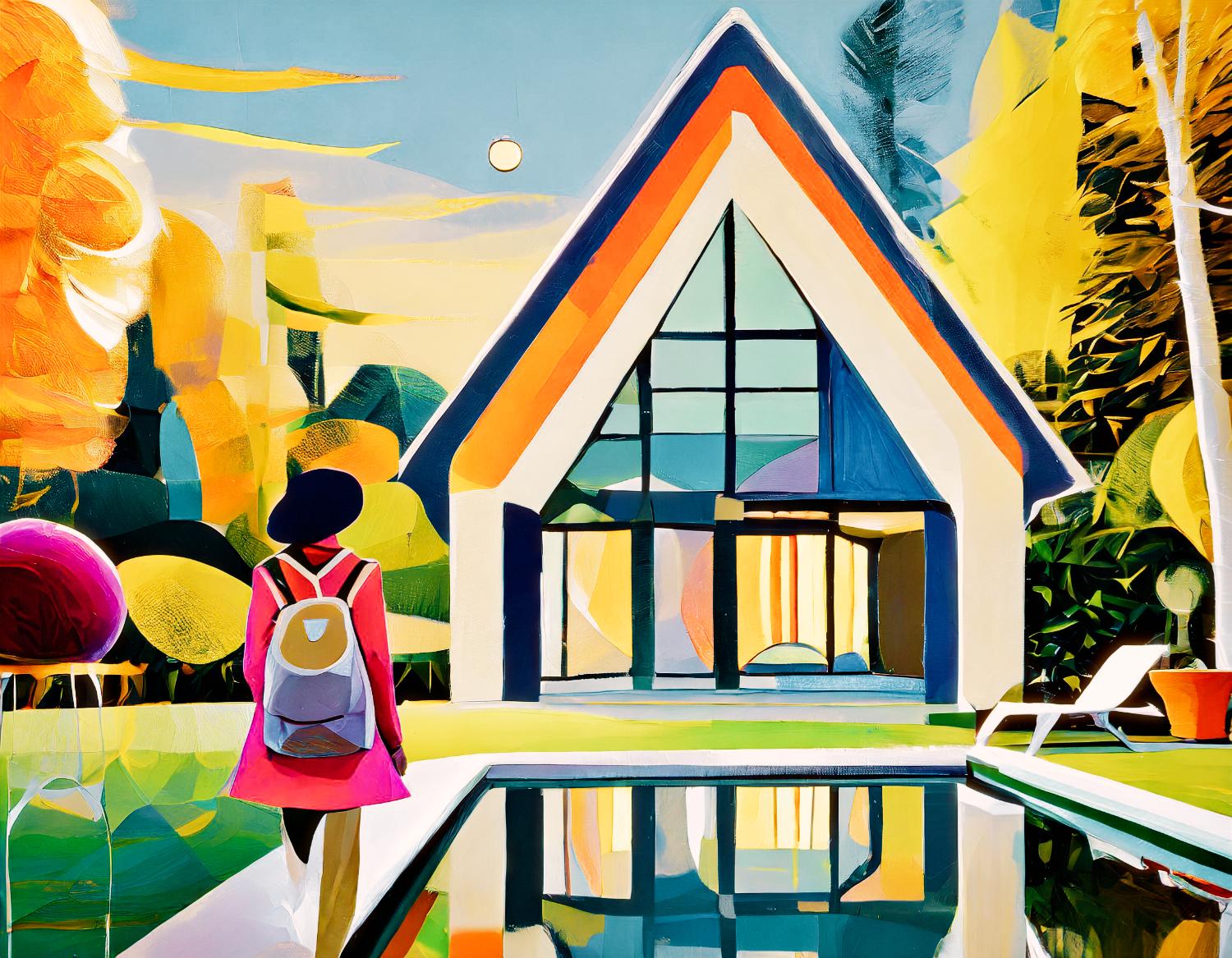 Vibrant abstract art by Lucas Beaufort shows a stylish figure with a backpack and hat strolling by a chrome pool, set against captivating, bold geometric architecture and vibrant foliage.