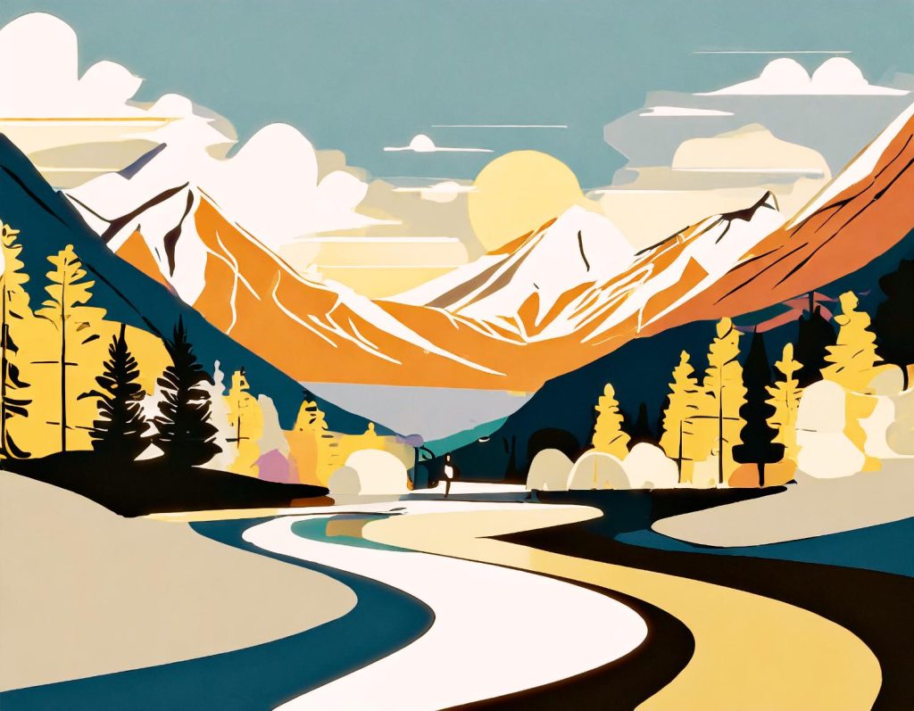 Vibrant illustrated landscape: winding river, lush trees, and mountains under a bright sky. A picturesque scene echoing the vibrant hues trending in fashion accessories this season.