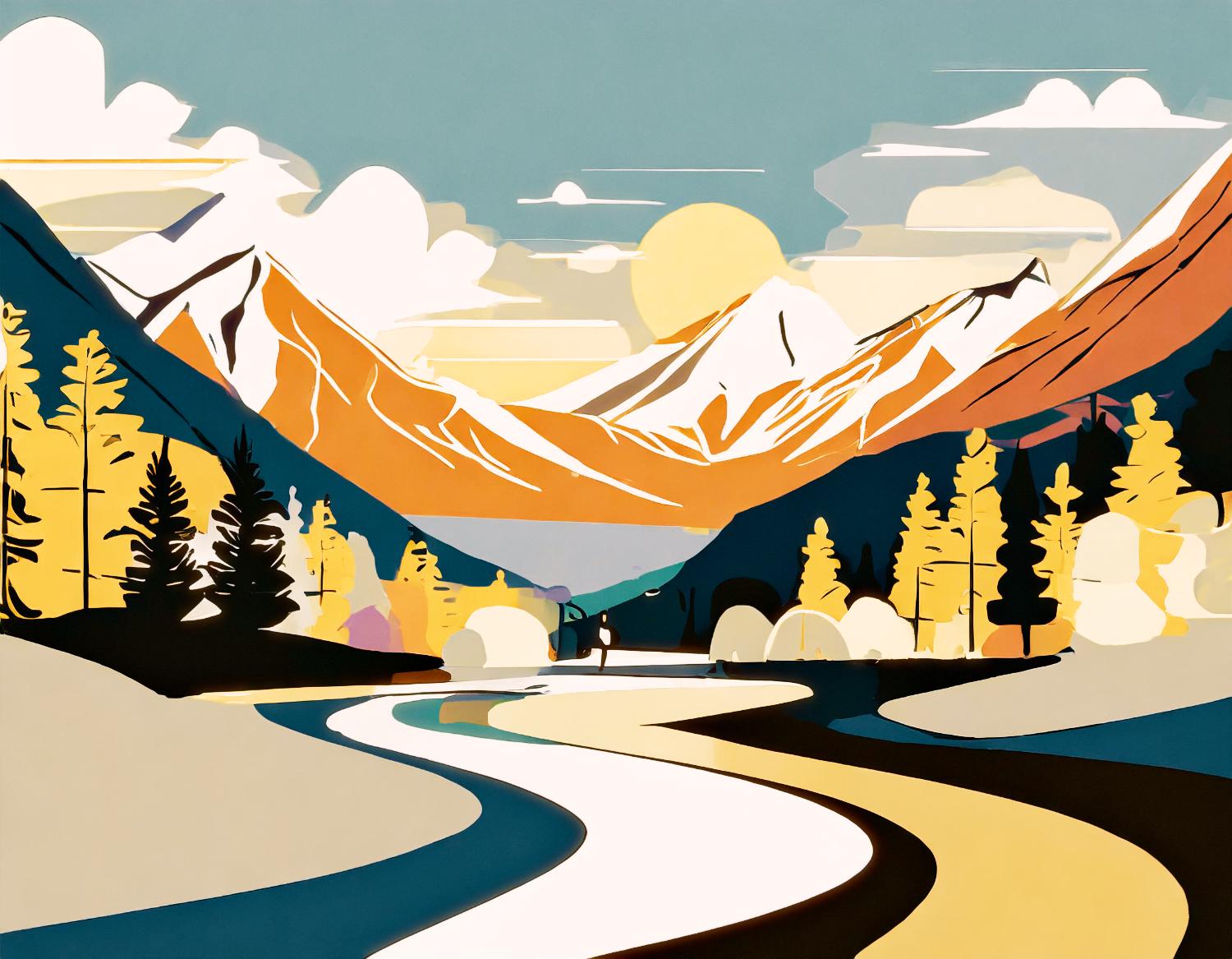 Vibrant illustrated landscape: winding river, lush trees, and mountains under a bright sky. A picturesque scene echoing the vibrant hues trending in fashion accessories this season.