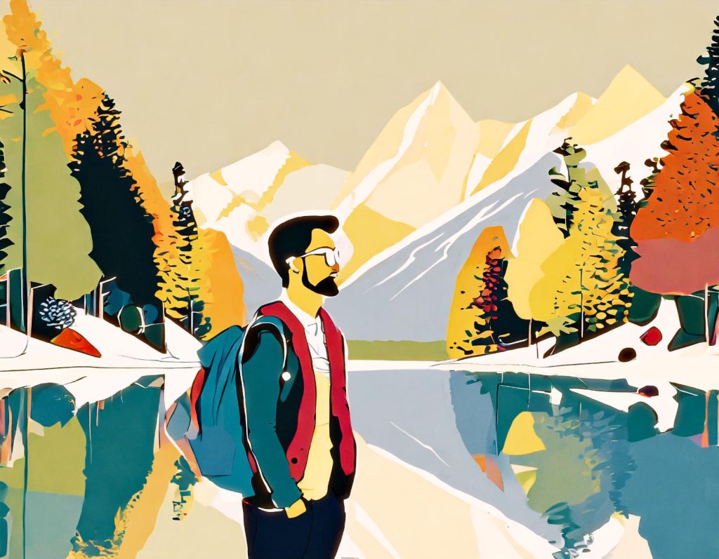 A bearded man in sunglasses and a stylish jacket stands by a serene lake with colorful autumn trees and snowy mountains, exuding Lucas Beaufort's dynamic style.