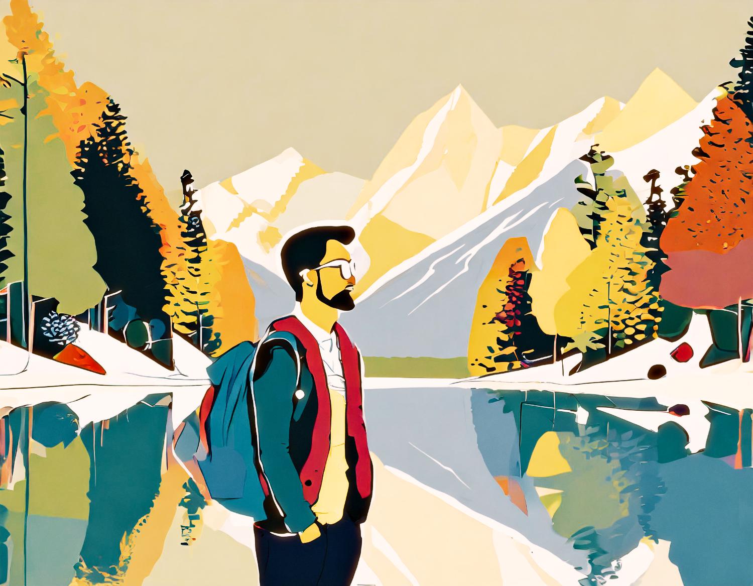 A bearded man in sunglasses and a stylish jacket stands by a serene lake with colorful autumn trees and snowy mountains, exuding Lucas Beaufort's dynamic style.
