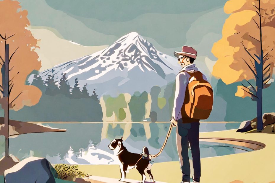 A stylish adventurer wearing a Samsonite backpack and trendy hat stands on a wooden bridge with their dog, overlooking an autumnal lake framed by snow-capped mountains.