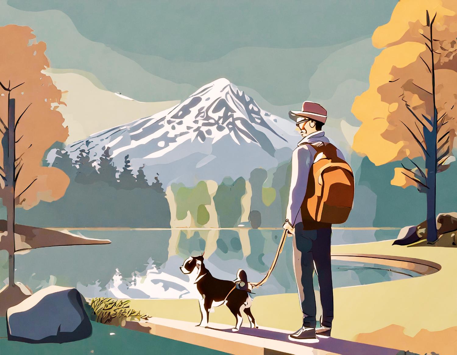 A stylish adventurer wearing a Samsonite backpack and trendy hat stands on a wooden bridge with their dog, overlooking an autumnal lake framed by snow-capped mountains.