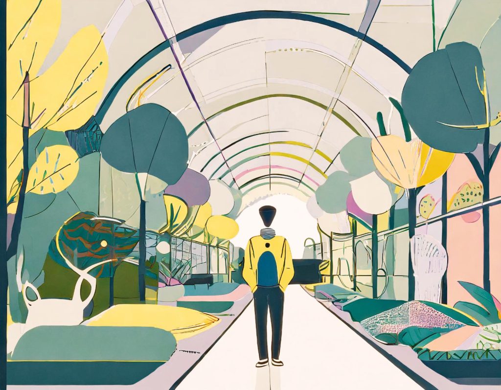 A serene scene of a stylish figure donning a chic yellow Samsonite backpack, strolling through a colorful greenhouse tunnel filled with lush, pastel-hued plants. #FashionInNature