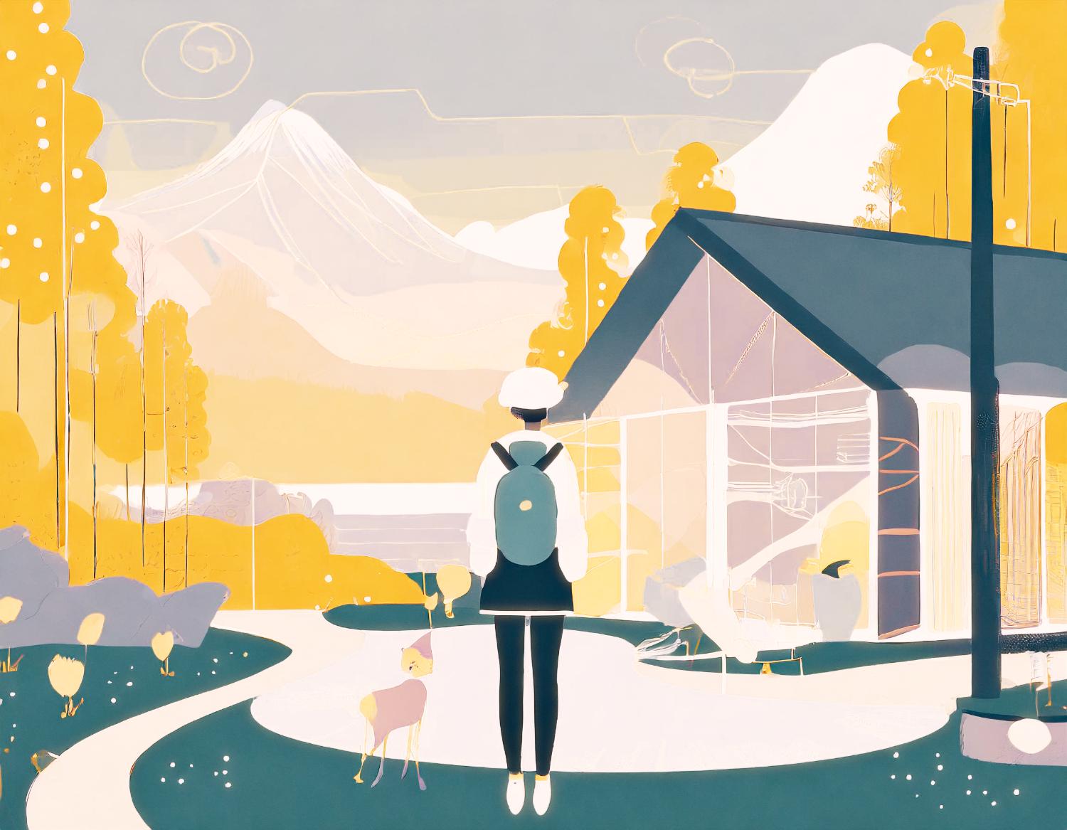 A chic figure in a beret and long coat stands outside a sleek modern house, sporting a stylish Samsonite backpack. Yellow-hued landscape, trees, dog, mountains. Fashion meets adventure-ready style!