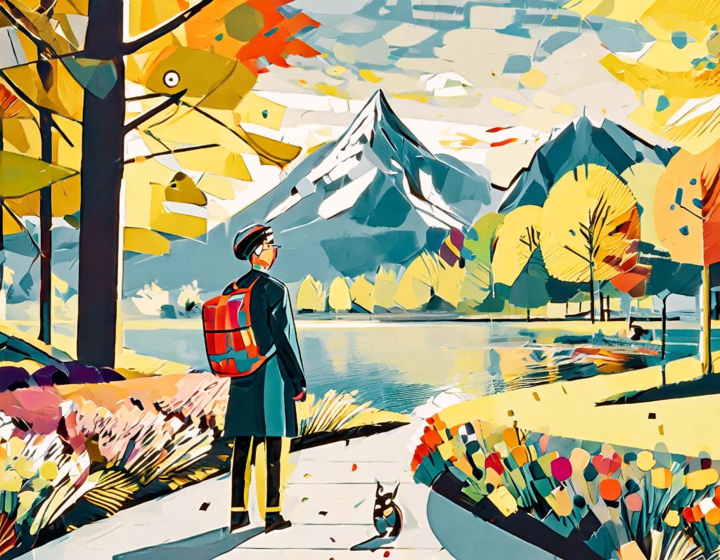 A person with a stylish red Samsonite backpack stands on a scenic autumn path, surrounded by vibrant foliage and snowy peaks, accompanied by a small dog.