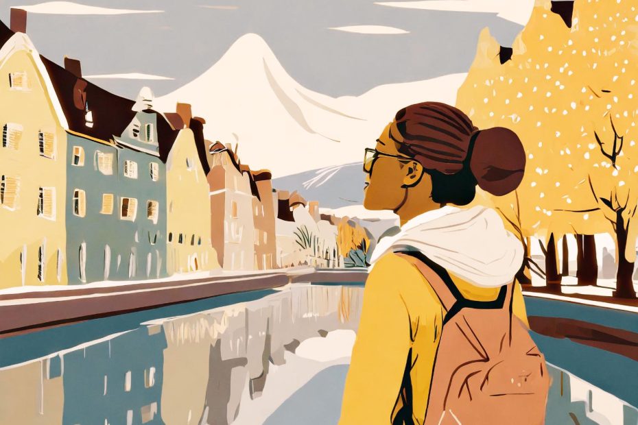 A stylish traveler in glasses, yellow jacket, and chic pink backpack stands by a picturesque autumn canal, vibrant buildings, and snowy peaks.